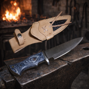 Handcrafted Steel Knife with Woodgrain Handle and Leather Sheath