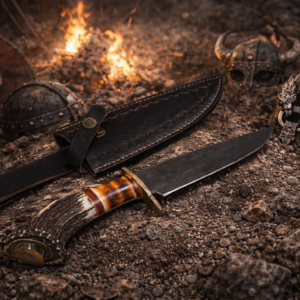 Damascus Steel Hunting Knife with Camel Bone Handle and Leather Sheath