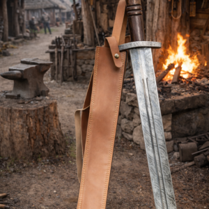 30 inch sword with Damascus blade and leather sheath