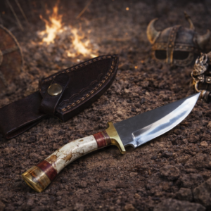 Handcrafted Viking Utility Knife with Antler Handle and Leather Sheath