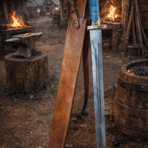 Viking Damascus Sword with Blue Handle & Leather Scabbard