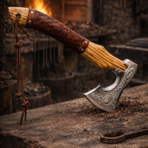 Hand-Forged Viking Bearded Axe – Leather Wrap Edition