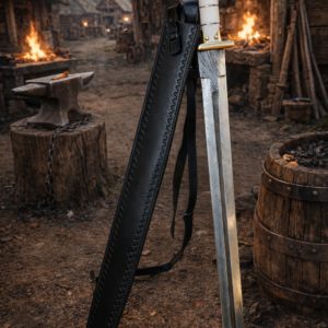 Viking Damascus Sword with Ivory Handle & Leather Scabbard