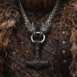 Viking Wolf Head Mjölnir Necklace – Black