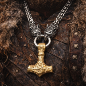 Viking Wolf Head Mjölnir Necklace – Gold