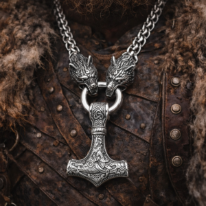 Viking Wolf Head Mjölnir Necklace – Silver
